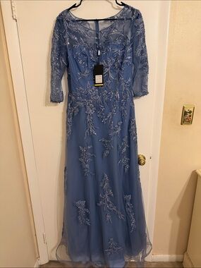 Blue Embroidered Long-Sleeve Evening Dress - Women Dresses